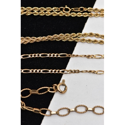 14 - A 9CT YELLOW GOLD ROPE TWIST CHAIN AND TWO BRACELETS, the rope twist chain fitted with a spring clas... 