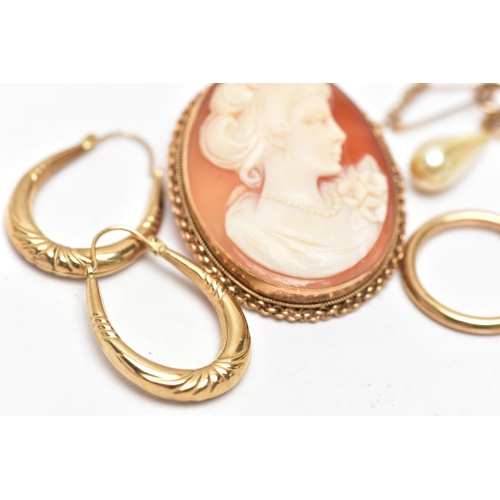 16 - A 9CT GOLD CAMEO BROOCH AND THREE PAIRS OF EARRINGS, an oval carved shell cameo depicting a lady in ... 