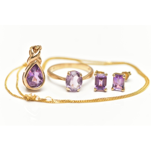 17 - AN AMETHYST RING, PENDANT NECKLACE AND EARRINGS, the ring designed with a four claw set, oval cut pa... 