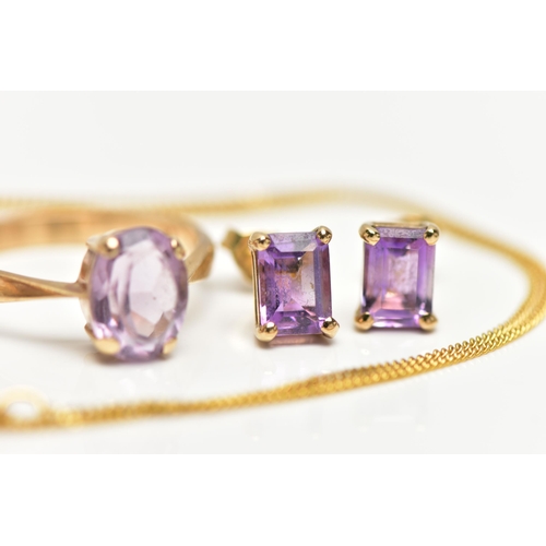 17 - AN AMETHYST RING, PENDANT NECKLACE AND EARRINGS, the ring designed with a four claw set, oval cut pa... 