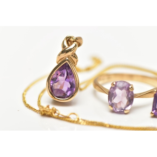 17 - AN AMETHYST RING, PENDANT NECKLACE AND EARRINGS, the ring designed with a four claw set, oval cut pa... 