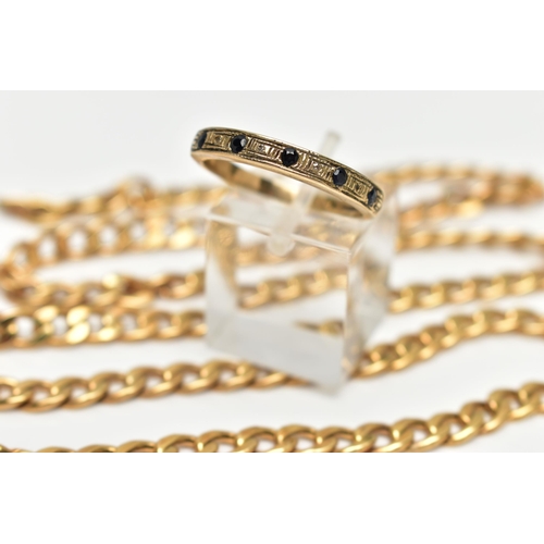 19 - A 9CT GOLD RING AND CHAIN NECKLACE, the half eternity ring set with five circular cut sapphires and ... 