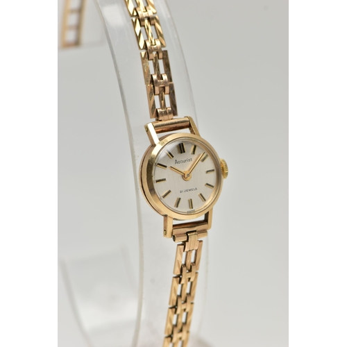 2 - A LADIES 9CT GOLD 'ACCURIST' WRISTWATCH, manual wind, round silver dial signed 'Accurist, 21 jewels'... 