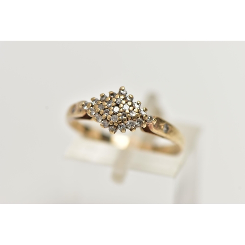 21 - A YELLOW METAL DIAMOND CLUSTER RING, the cluster of a marquise form, set with single cut diamonds, s... 