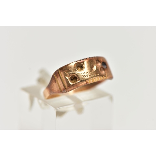 23 - A LATE VICTORIAN 15CT GOLD RING, AF/scrap, band with floral detailing, missing stones, with a split ... 