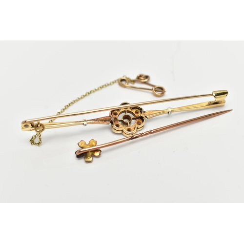 24 - AN EARLY 20TH CENTURY BAR BROOCH AND STICK PIN, the first a central old cut diamond in a milgrain se... 