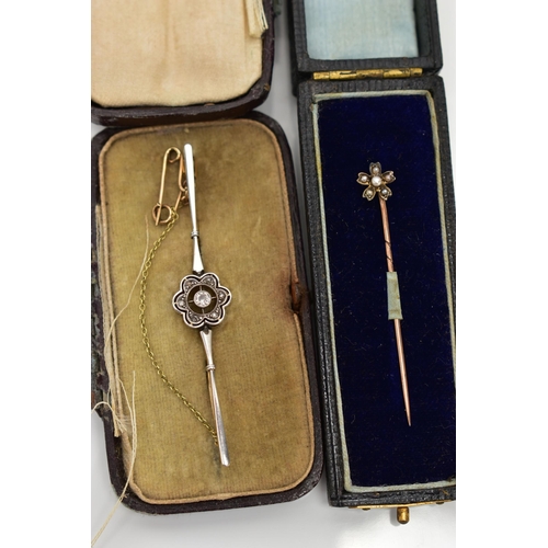 24 - AN EARLY 20TH CENTURY BAR BROOCH AND STICK PIN, the first a central old cut diamond in a milgrain se... 