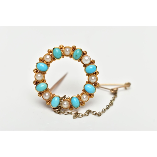 25 - A YELLOW METAL TURQUOISE AND CULTURED PEARL BROOCH, of circular wreath design, set with alternating ... 