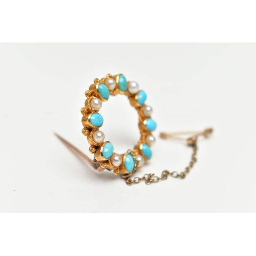 25 - A YELLOW METAL TURQUOISE AND CULTURED PEARL BROOCH, of circular wreath design, set with alternating ... 