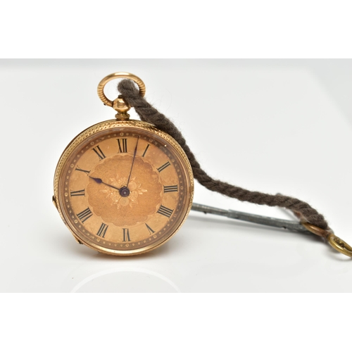 26 - A YELLOW METAL OPEN FACE POCKET WATCH, key wound pocket watch, round gold floral detailed dial, Roma... 