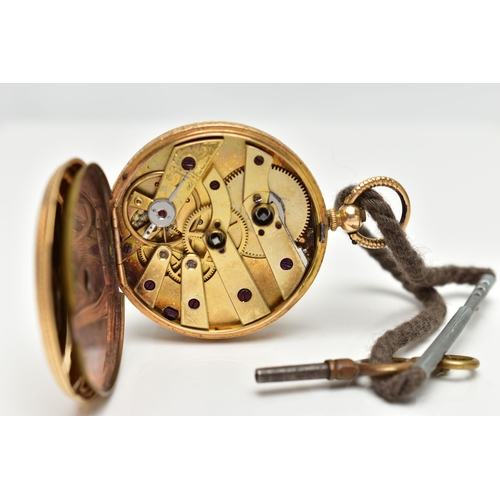 26 - A YELLOW METAL OPEN FACE POCKET WATCH, key wound pocket watch, round gold floral detailed dial, Roma... 