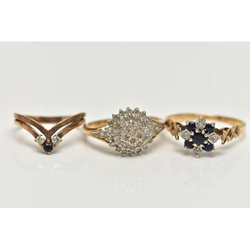 28 - THREE 9CT GOLD DIAMOND AND GEM SET RINGS, to include a single cut diamond tiered cluster ring, estim... 