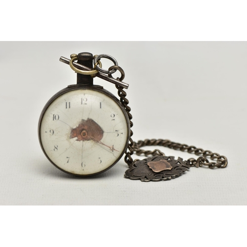 29 - A SILVER OPEN FACE POCKET WATCH AND ALBERT CHAIN, key wound watch, white damaged ceramic dial, Arabi... 