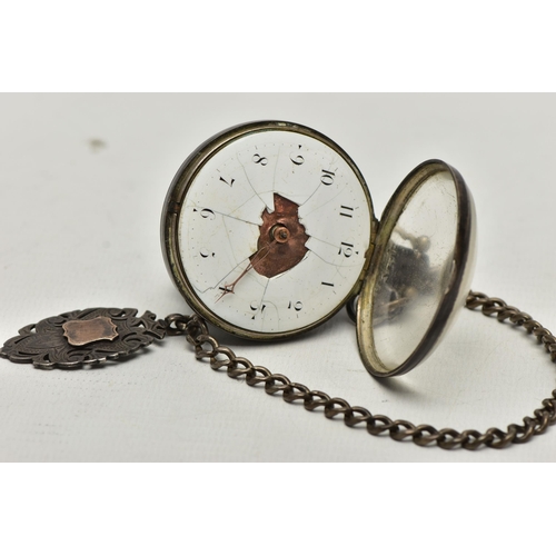 29 - A SILVER OPEN FACE POCKET WATCH AND ALBERT CHAIN, key wound watch, white damaged ceramic dial, Arabi... 