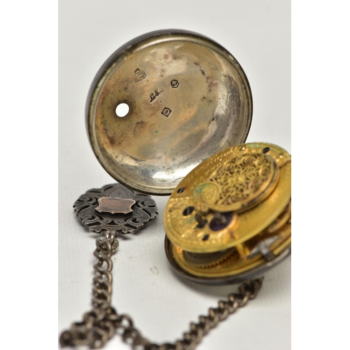 29 - A SILVER OPEN FACE POCKET WATCH AND ALBERT CHAIN, key wound watch, white damaged ceramic dial, Arabi... 