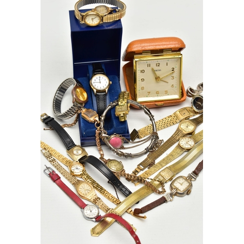 30 - A SMITHS TRAVEL CLOCK, A SELECTION OF WRISTWATCHES AND JEWELLERY, to include a 'Smiths' travel clock... 