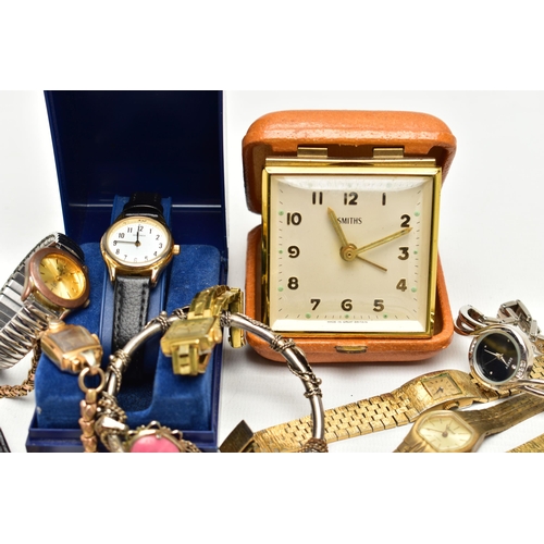 30 - A SMITHS TRAVEL CLOCK, A SELECTION OF WRISTWATCHES AND JEWELLERY, to include a 'Smiths' travel clock... 