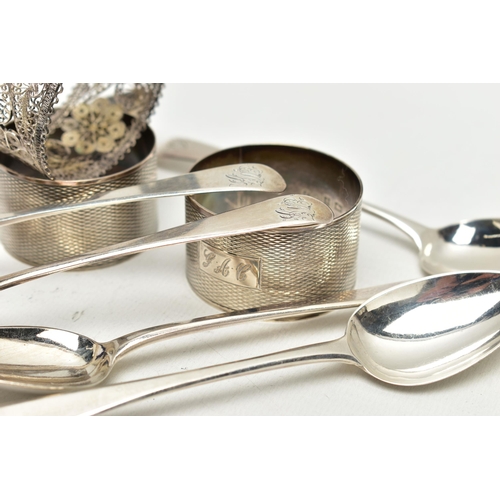 34 - AN ASSORTMENT OF SILVER ITEMS, to include six old English teaspoons, engraved with monogram letters ... 