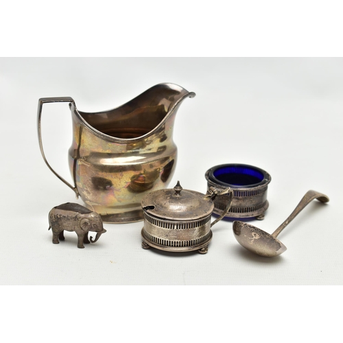 36 - A GEORGIAN SILVER MILK JUG AND OTHER SILVER ITEMS, polished milk jug with worn engraved initials to ... 