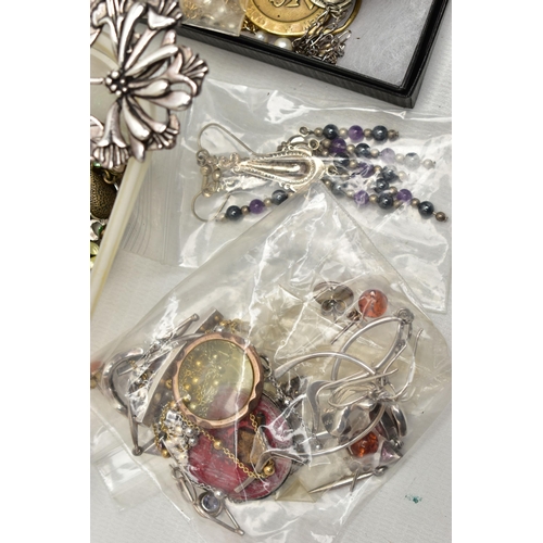 38 - A BOX OF ASSORTED JEWELLERY, to include an assortment of white metal earrings, a chain, a pendant an... 