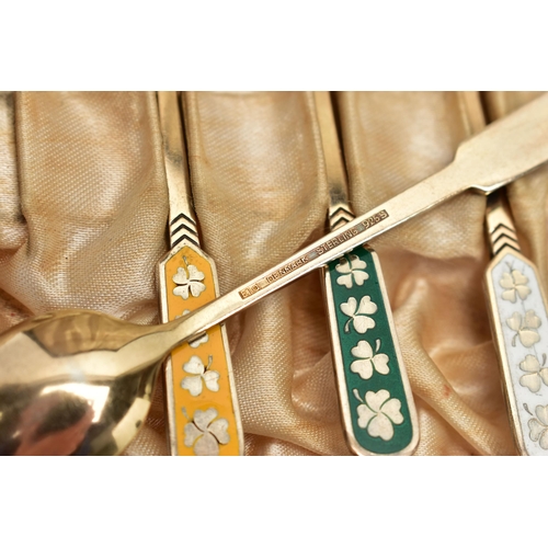 39 - A CASED SET OF SIX SILVER GILT AND ENAMEL HARLEQUIN COFFEE SPOONS, marked 'Ela DENMARK STERLING 925S... 