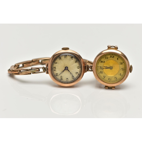 4 - TWO CIRCA 1930'S 9CT GOLD WATCHES, the first a manual wind watch, round silver engine turned pattern... 