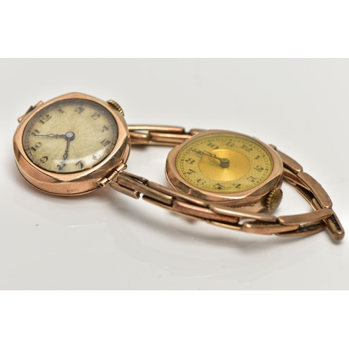 4 - TWO CIRCA 1930'S 9CT GOLD WATCHES, the first a manual wind watch, round silver engine turned pattern... 