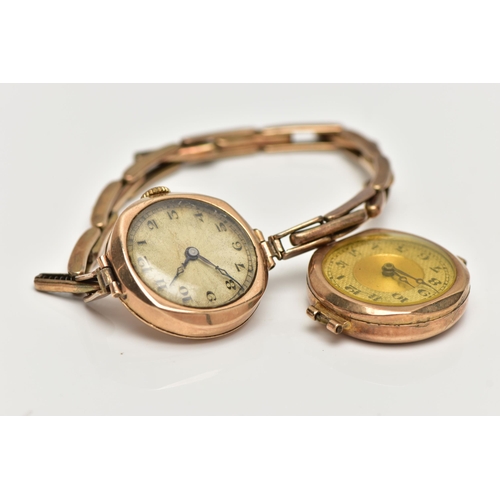 4 - TWO CIRCA 1930'S 9CT GOLD WATCHES, the first a manual wind watch, round silver engine turned pattern... 