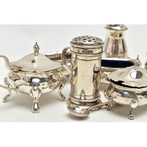 40 - A GROUP OF FOUR SILVER CRUET ITEMS, TOGETHER WITH A SMALL QUANTITY OF EPNS ITEMS, to include a late ... 