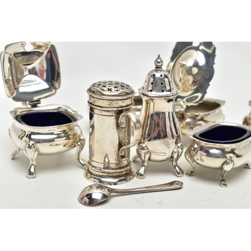 40 - A GROUP OF FOUR SILVER CRUET ITEMS, TOGETHER WITH A SMALL QUANTITY OF EPNS ITEMS, to include a late ... 