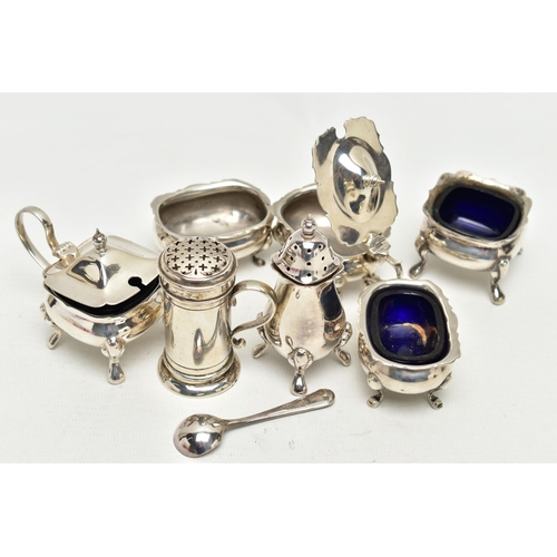 40 - A GROUP OF FOUR SILVER CRUET ITEMS, TOGETHER WITH A SMALL QUANTITY OF EPNS ITEMS, to include a late ... 