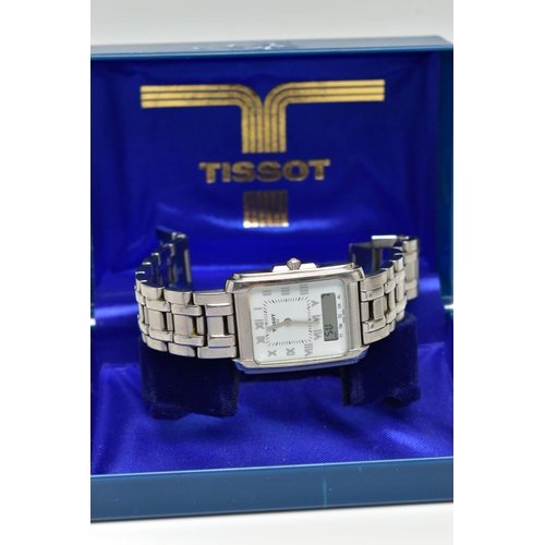 46 - A BOXED GENTS 'TISSOT' WRISTWATCH, tank white dial signed 'Tissot 1853', Roman numerals, digital dis... 