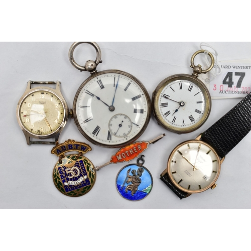 47 - TWO POCKET WATCHES, WRISTWATCHES ETC, to include a key wound, silver open face pocket watch, round w... 