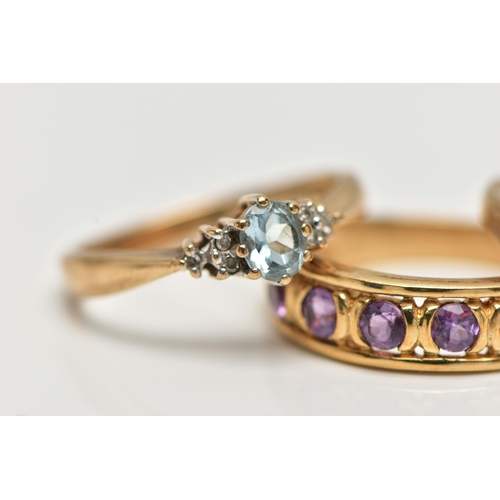 5 - FOUR GEM SET RINGS, to include a five stone amethyst ring, hallmarked 9ct Sheffield, ring size O, an... 