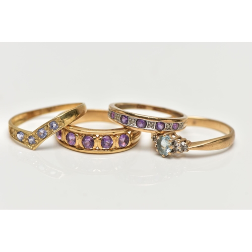 5 - FOUR GEM SET RINGS, to include a five stone amethyst ring, hallmarked 9ct Sheffield, ring size O, an... 