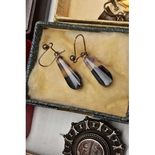 50 - A BOX OF SILVER AND COSTUME JEWELLERY, to include a pair of carved blue john fluorite drop earrings,... 