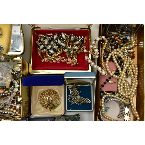 50 - A BOX OF SILVER AND COSTUME JEWELLERY, to include a pair of carved blue john fluorite drop earrings,... 