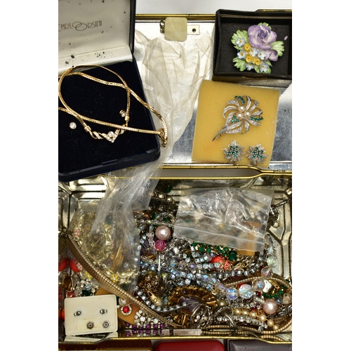 50 - A BOX OF SILVER AND COSTUME JEWELLERY, to include a pair of carved blue john fluorite drop earrings,... 