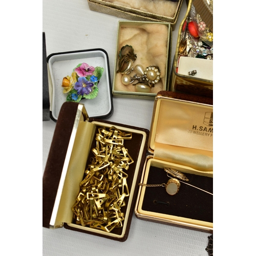 50 - A BOX OF SILVER AND COSTUME JEWELLERY, to include a pair of carved blue john fluorite drop earrings,... 