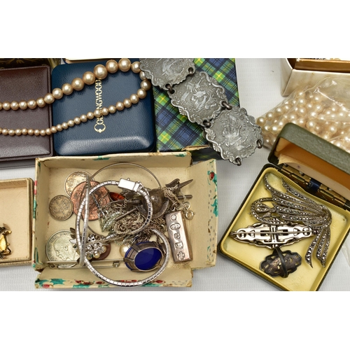 50 - A BOX OF SILVER AND COSTUME JEWELLERY, to include a pair of carved blue john fluorite drop earrings,... 