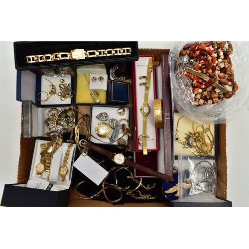 51 - A SELECTION OF MAINLY COSTUME JEWELLERY AND WATCHES, to include three lady's Sekonda watches, variou... 