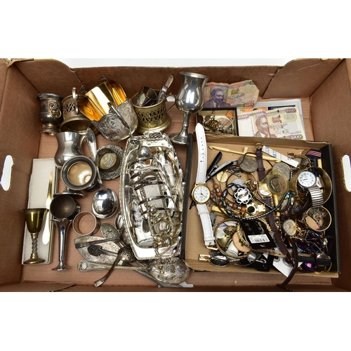 53 - A BOX OF ASSORTED WHITE METAL WARE WITH COSTUME JEWELLERY, to include an EP toast rack, two white me... 