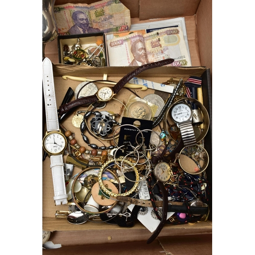 53 - A BOX OF ASSORTED WHITE METAL WARE WITH COSTUME JEWELLERY, to include an EP toast rack, two white me... 