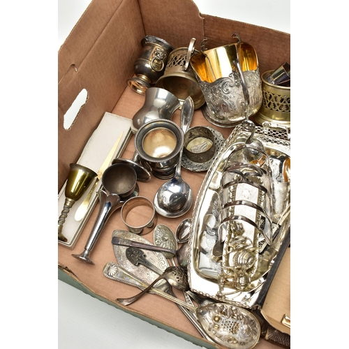 53 - A BOX OF ASSORTED WHITE METAL WARE WITH COSTUME JEWELLERY, to include an EP toast rack, two white me... 