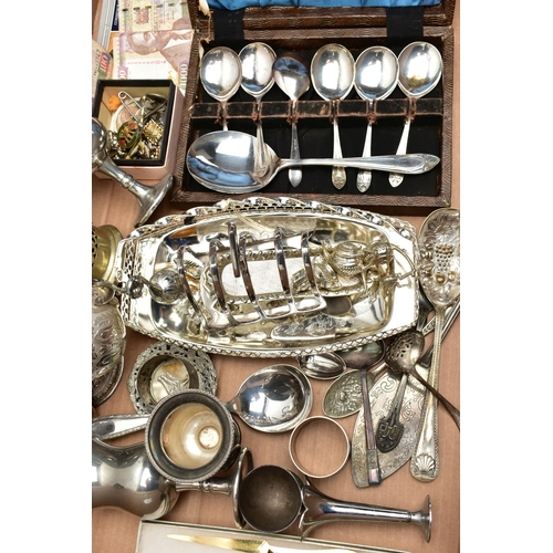 53 - A BOX OF ASSORTED WHITE METAL WARE WITH COSTUME JEWELLERY, to include an EP toast rack, two white me... 