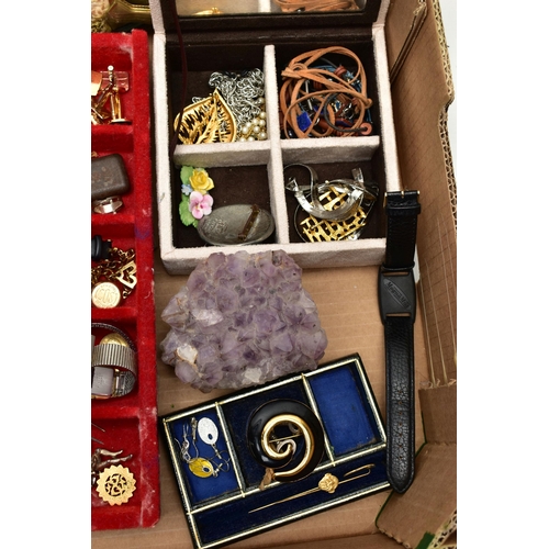 54 - A BOX OF ASSORTED ITEMS, to include a display tray with a red fabric lining, a small jewellery box w... 