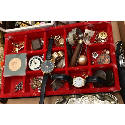 54 - A BOX OF ASSORTED ITEMS, to include a display tray with a red fabric lining, a small jewellery box w... 