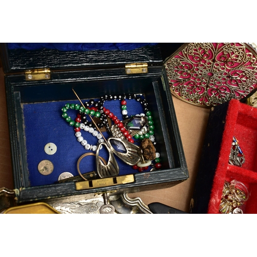 54 - A BOX OF ASSORTED ITEMS, to include a display tray with a red fabric lining, a small jewellery box w... 