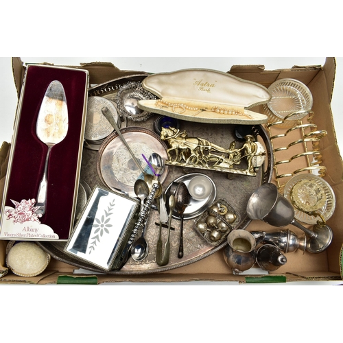 55 - A SELECTION OF MAINLY SILVER PLATED WARE, to include a late Victorian silver bon bon dish with pierc... 