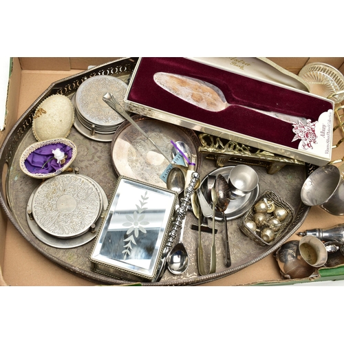 55 - A SELECTION OF MAINLY SILVER PLATED WARE, to include a late Victorian silver bon bon dish with pierc... 